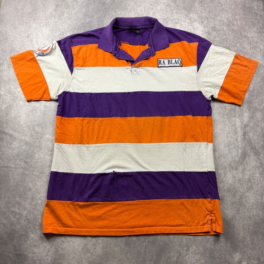 Ra Blaq Mens 2XL Striped Polo Shirt Purple Orange White Streetwear Short Sleeve